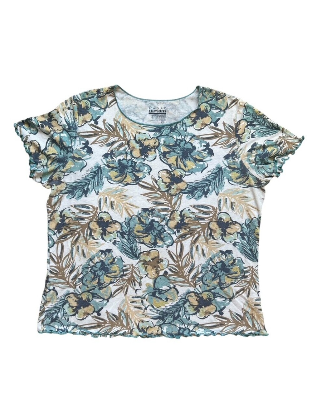 VGT Basic Editions Baby Tee Lettuce Hem Sz L Floral Studs Grunge Granny Indie